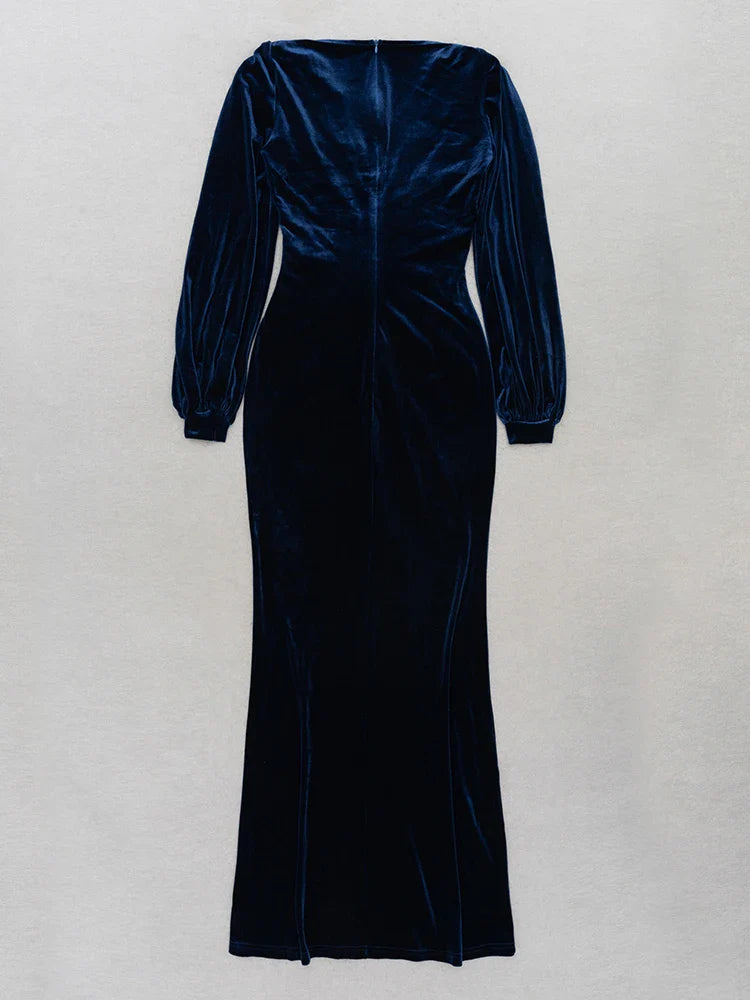 Blue Velvet V Neck Ruched Dress | Long Sleeve Party Gown