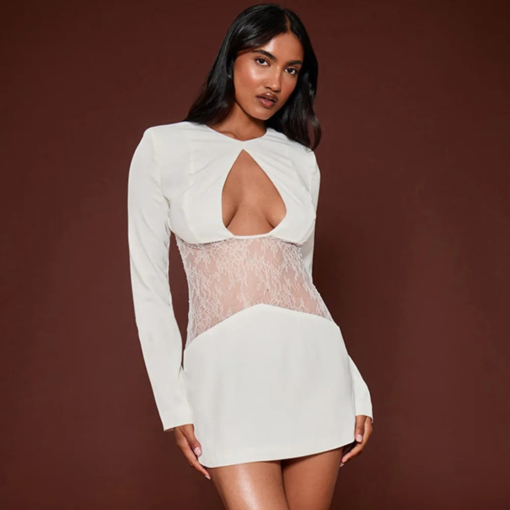 Lace Waist Cutout Long Sleeve Mini Dress