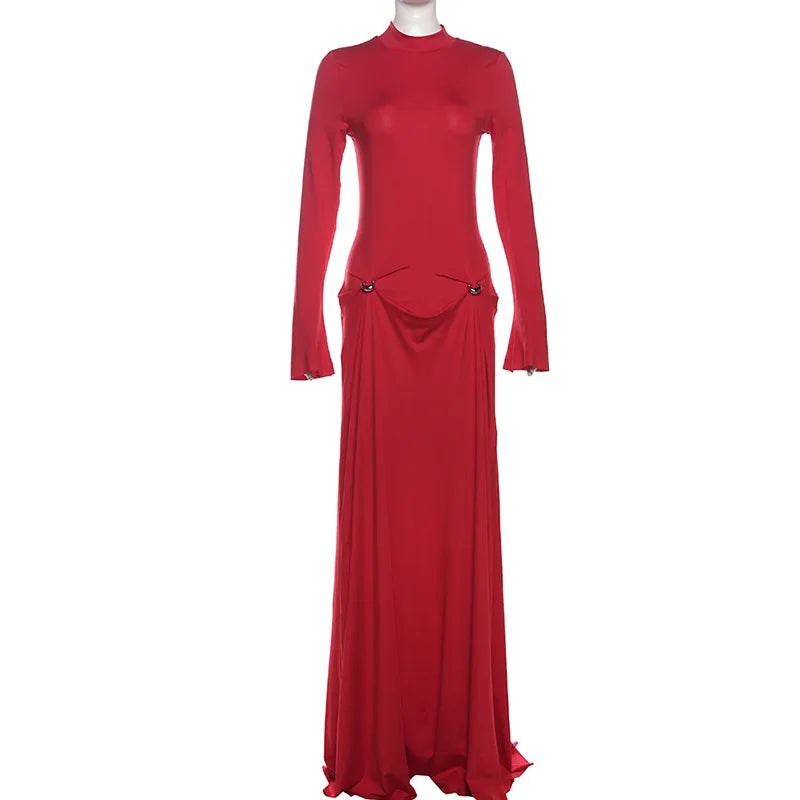 Elegant Red Long Sleeve Maxi Dress – Formal Party & Evening Gown
