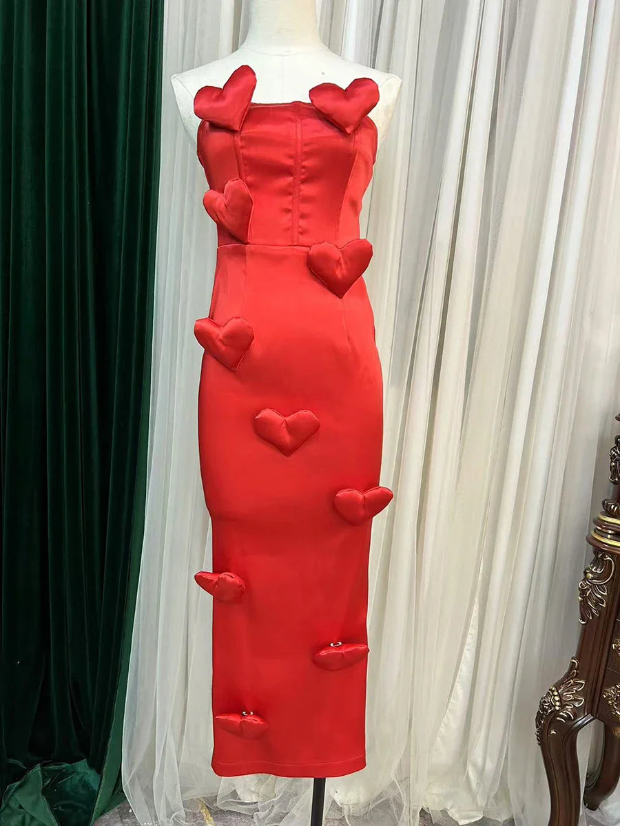 3D Heart Strapless Satin Gown | Bold Sculptural Red Dress