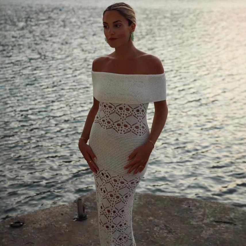 Off Shoulder Crochet Knit Maxi Dress | Summer Waist-Cinching Resort Style