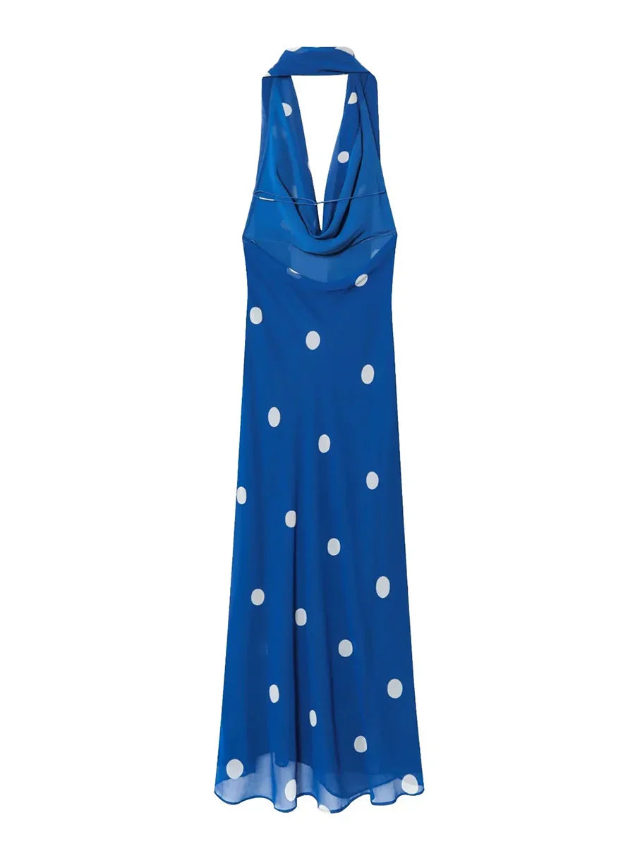 Blue Polka Dot Halter Maxi Dress | Vintage Summer Waterfront Edit