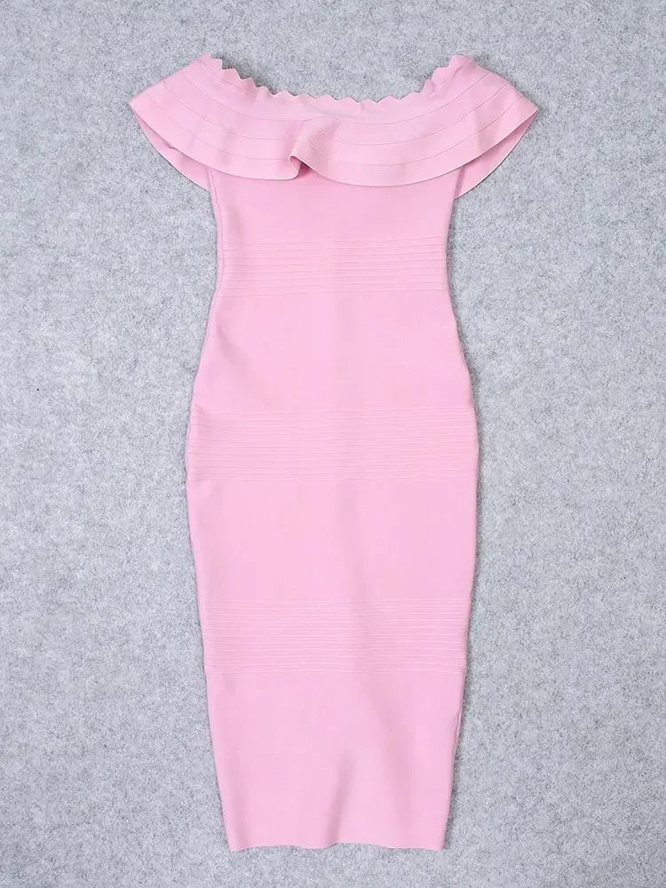 Pink off-shoulder dress on a gray background