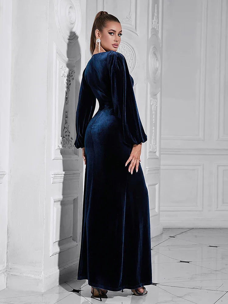 Blue Velvet V Neck Ruched Dress | Long Sleeve Party Gown