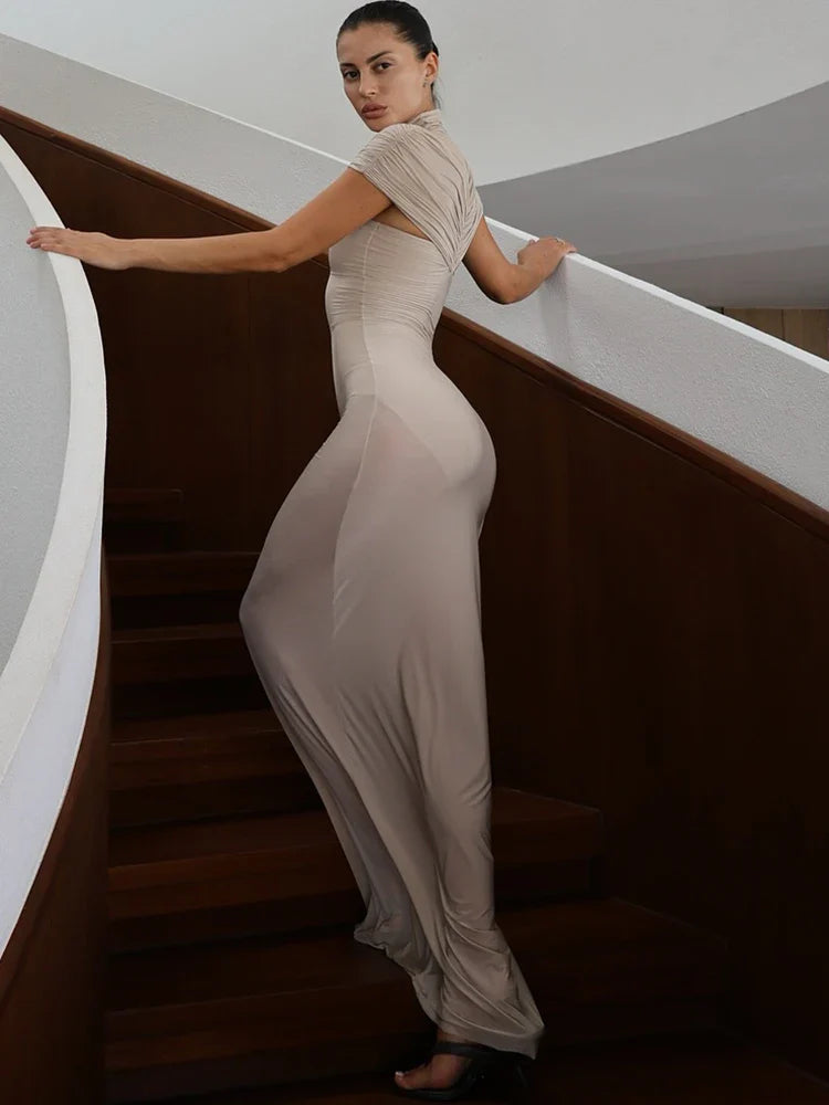 Turtleneck Hollow-Out Ruched Maxi Dress