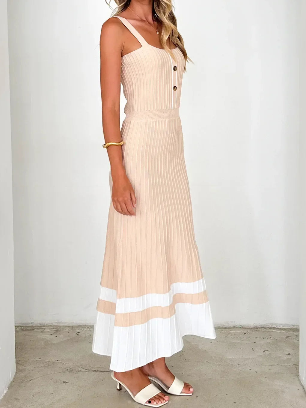 Navy Contrast Patchwork Knitted Pleated Dress | Sleeveless Metal Button