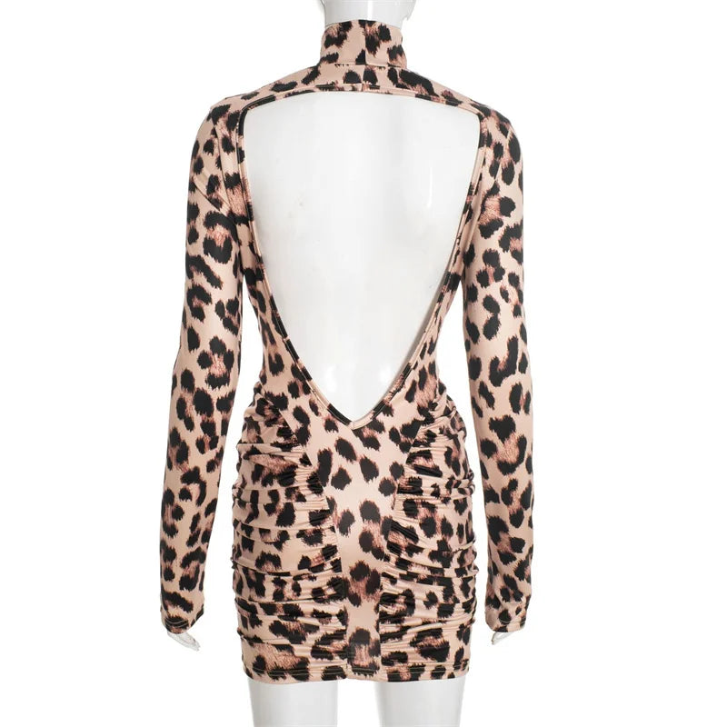 Leopard Print Ruched Mini Dress | Backless Turtleneck Trend