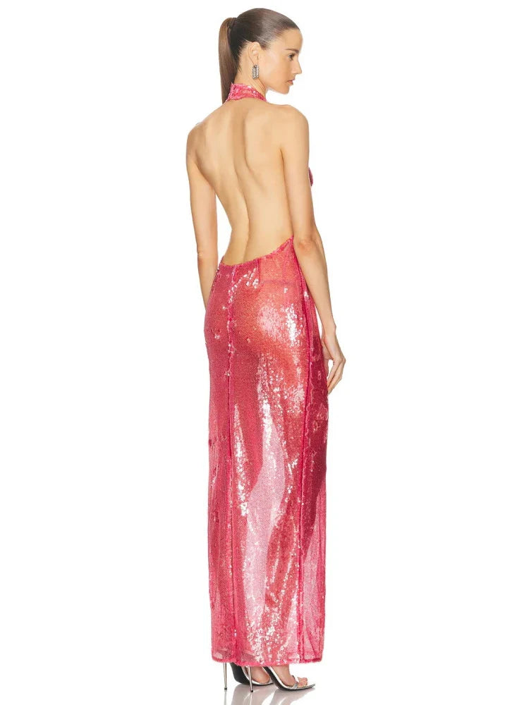 Pink Halter Deep V-Neck Sequin Gown with Fluid Drape