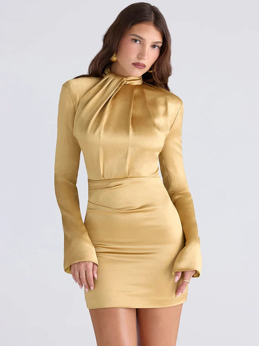 Gold Satin Long Sleeve Turtleneck Mini Dress