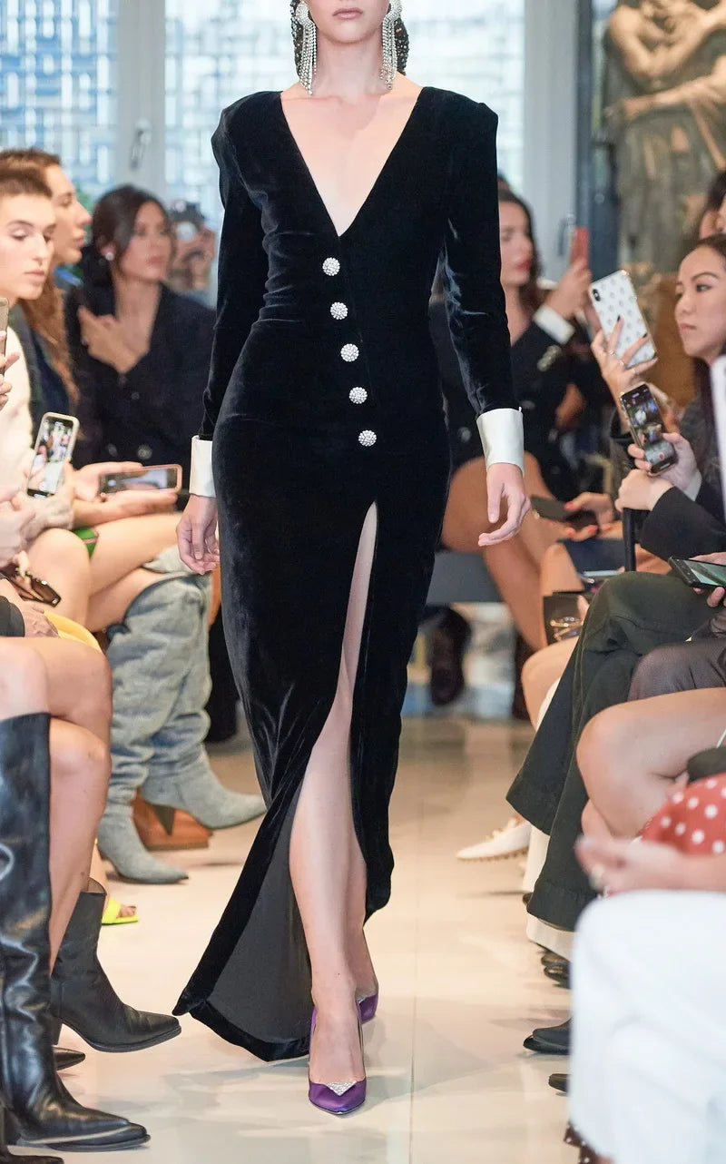 Black Velvet Diamond Buttons High Slit Maxi Dress