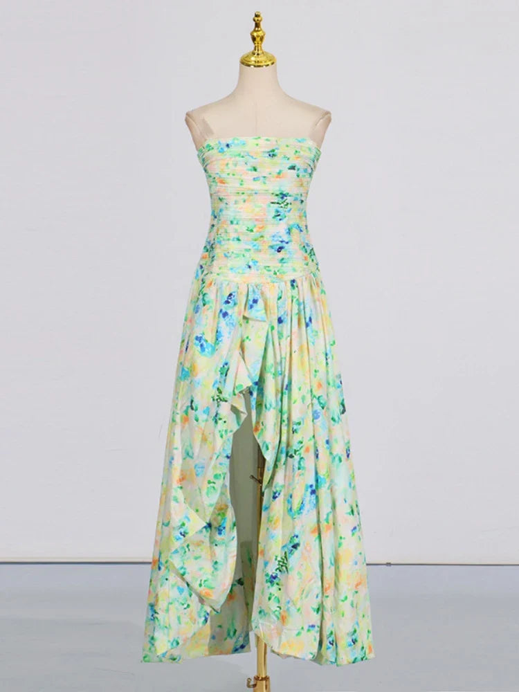 Printed Strapless Bubble Maxi Dress
