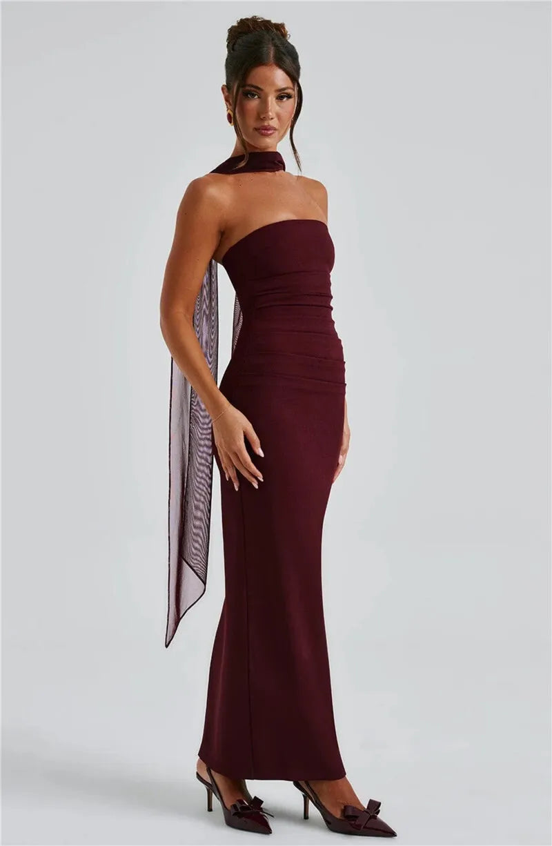 Scarf Collar Strapless Maxi Dress - Backless Bodycon Club & Party