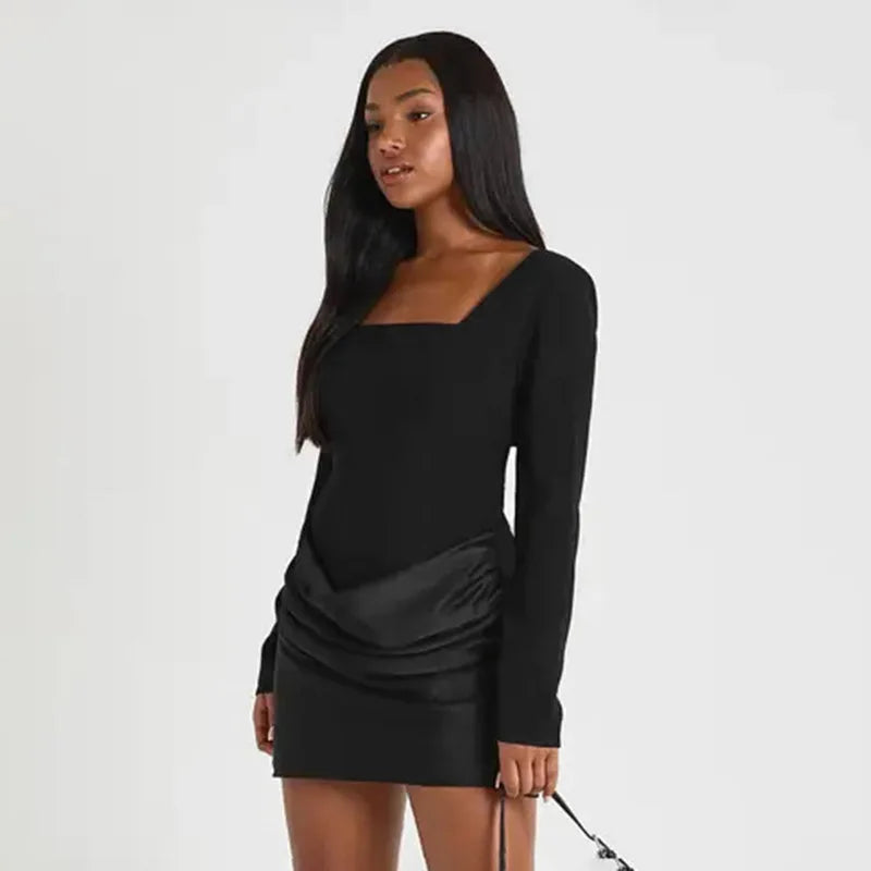 Square Neck Mini Dress with Satin Drape and Long Sleeves
