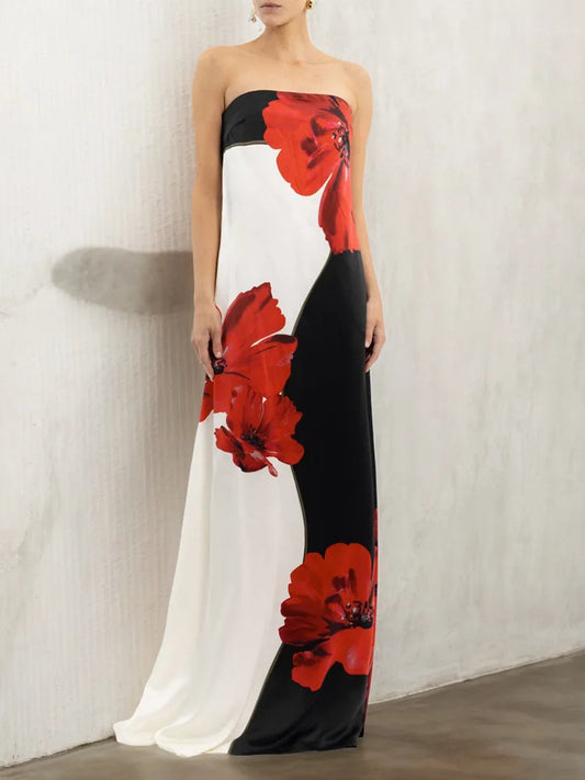 Strapless Flower Print Maxi Dress