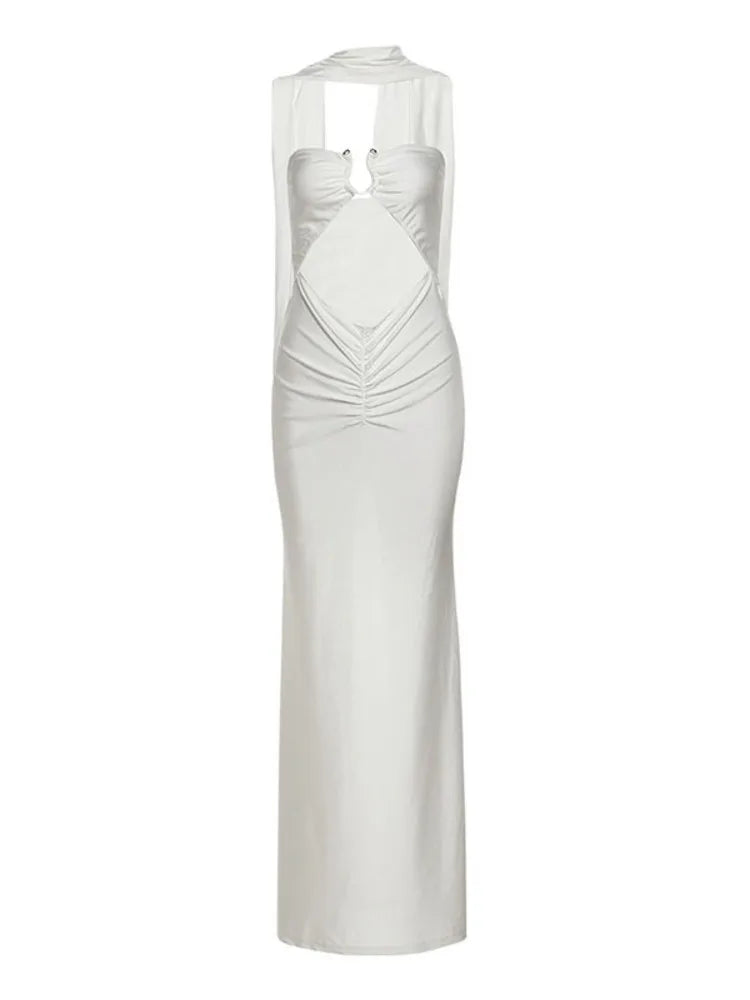 White Cutout Off-Shoulder Scarf Neck Evening Dress – Elegant Bodycon Clubwear