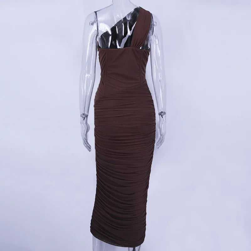 One-Shoulder Ruched Corset Midi Dress