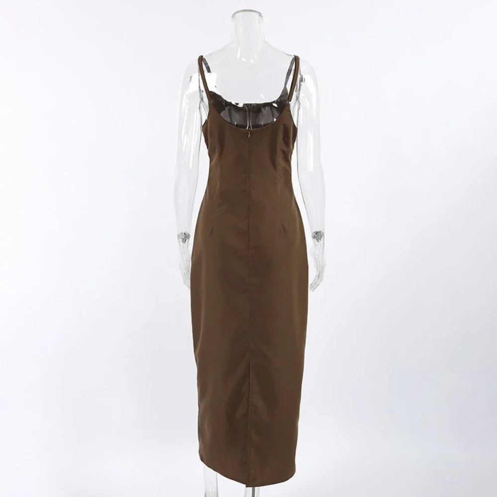 Brown Square Neck Maxi Dress | Vintage Spaghetti Strap Gown
