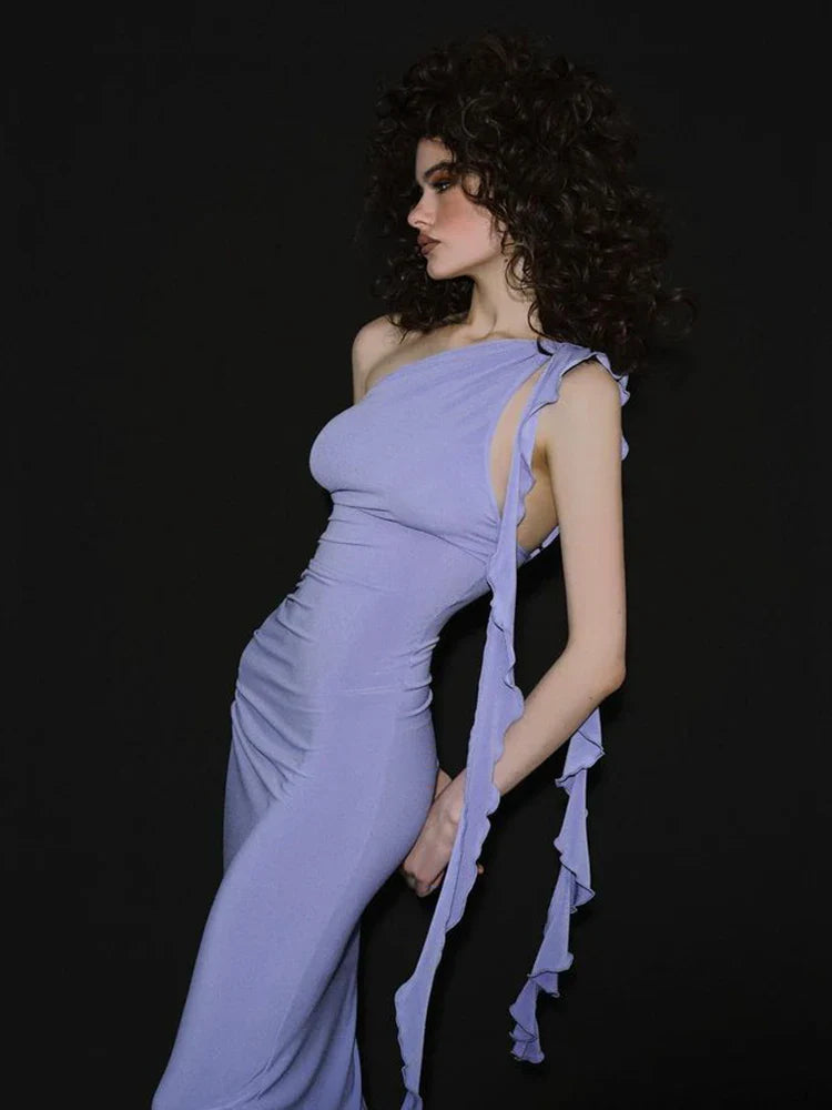 Purple Ruffle Ribbon One-Shoulder Maxi Dress
