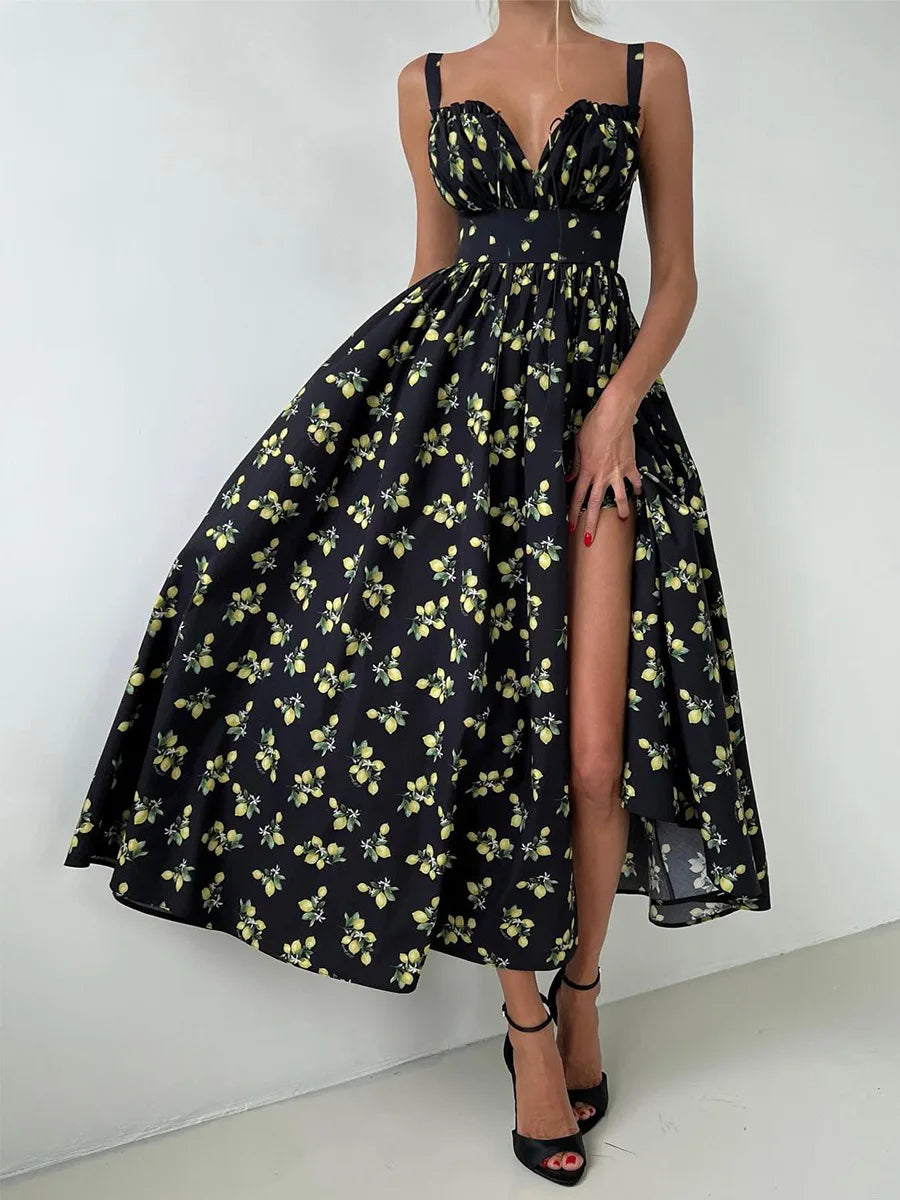Black Floral V-Neck Maxi Dress with Slit