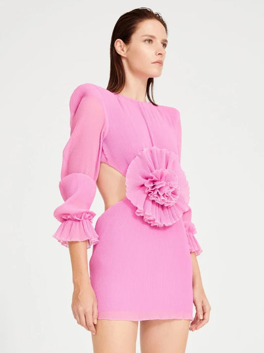 Pink Cutout Mini Dress with Sculpted Flower Detail