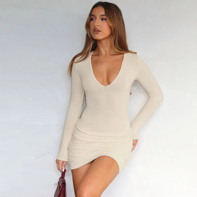 Deep V-Neck Long Sleeve Ruched Mini Dress