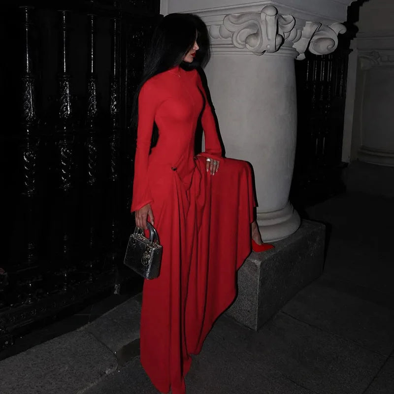 Elegant Red Long Sleeve Maxi Dress – Formal Party & Evening Gown