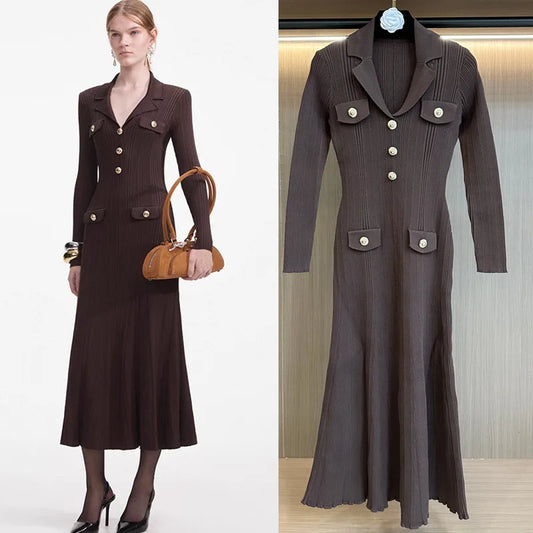 Elegant V-Neck Knitted Midi Sweater Dress – Slim Fit Long Sleeve Knitwear for Women