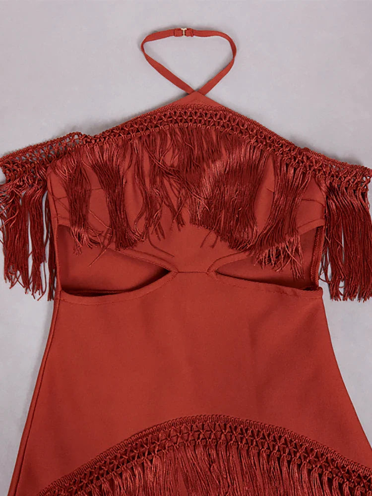 Fringe Halter Hollow Out Bandage Dress | Sleeveless Tassel Evening Gown
