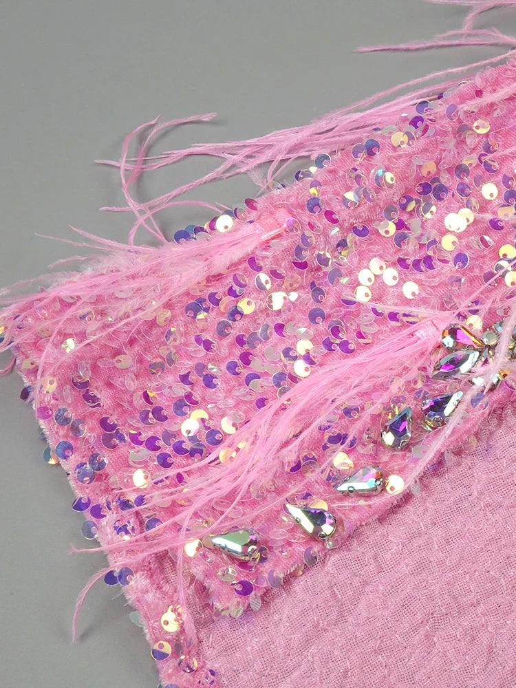 Pink Crystal Feather Gown | Beaded Strapless High Slit Glam