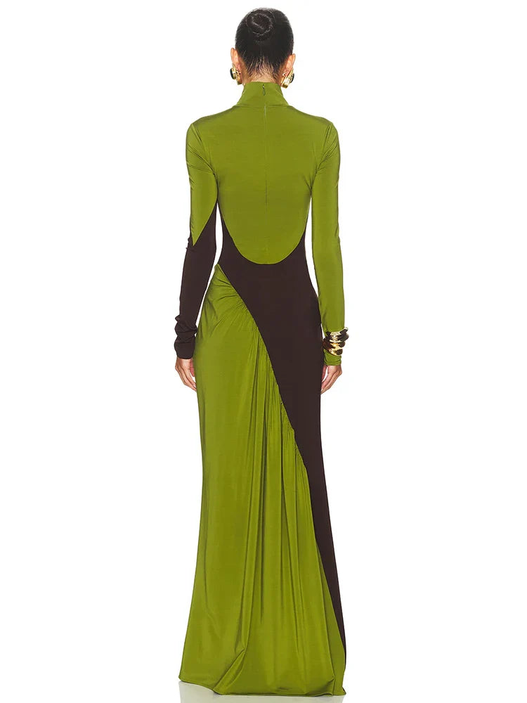 Turtleneck Long Sleeve Two Tone Pleated Maxi Dress