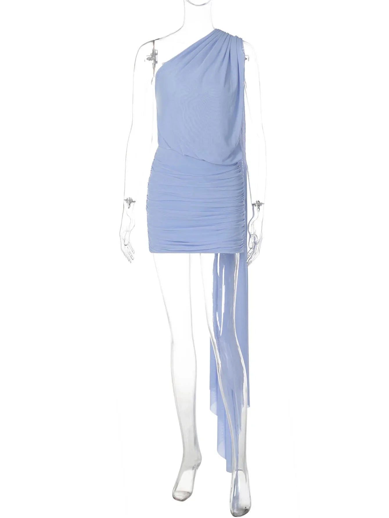 Blue One-Shoulder Draped Mini Dress