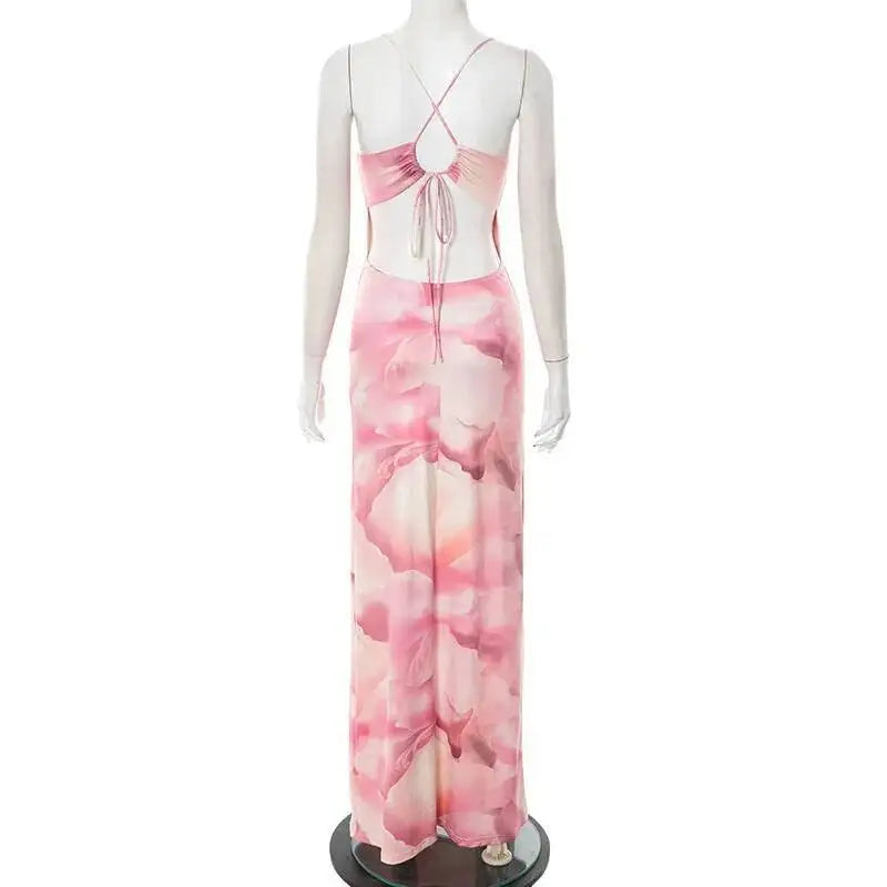 Pink Printed Spaghetti Strap Maxi Dress