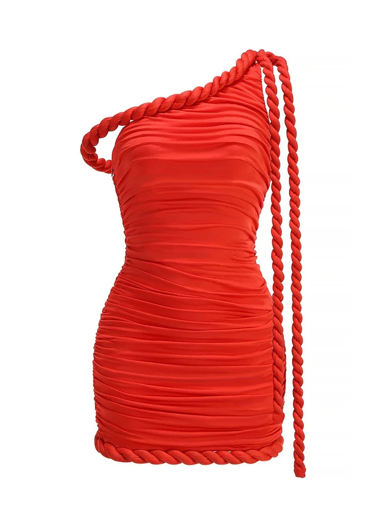 Red One-Shoulder Draped Mini Dress with Twist Knot
