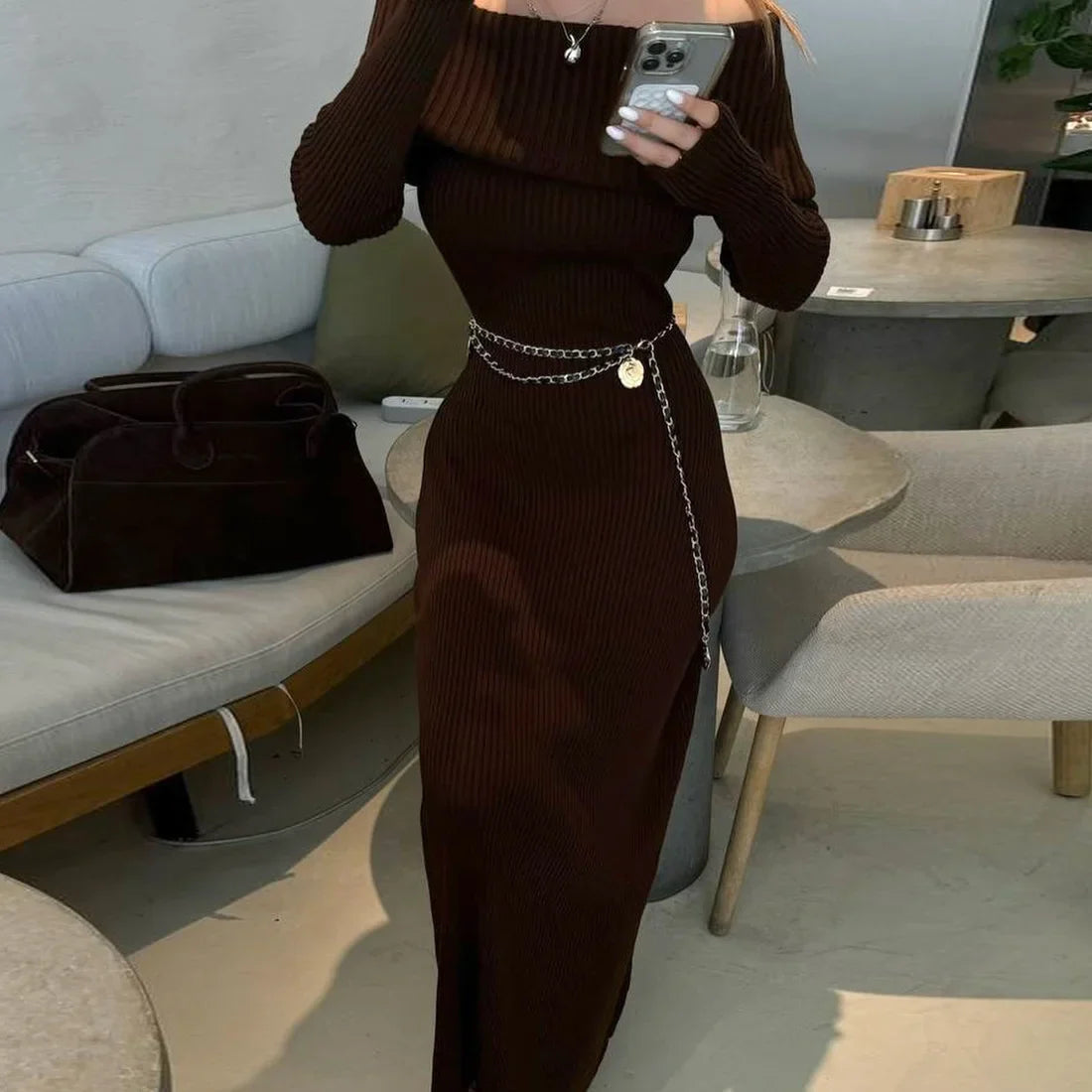 Elegant Knit Slash Neck A-Line Maxi Dress with Screw Thread Detail