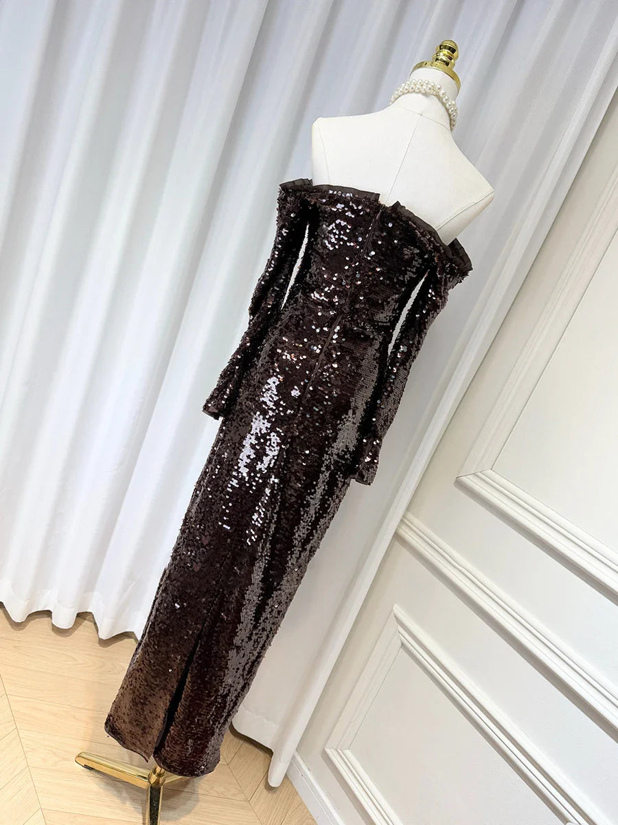 Brown Sequin Slash-Neck Sleeveless Maxi Dress