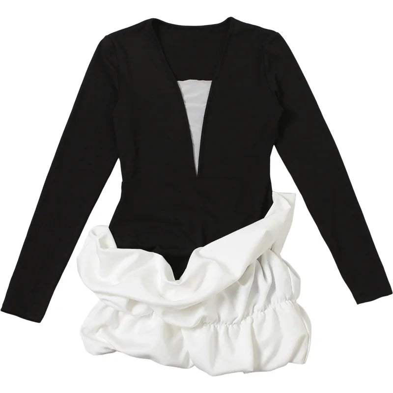 Black V-Neck Long Sleeve Puff-Hem Mini Dress