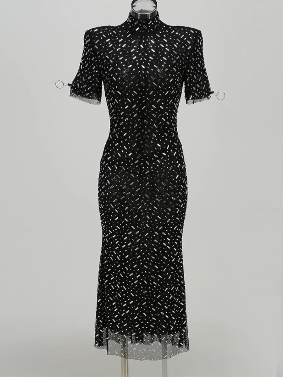 Black Beaded Sheath Dress | Elegant Short Sleeve Gown