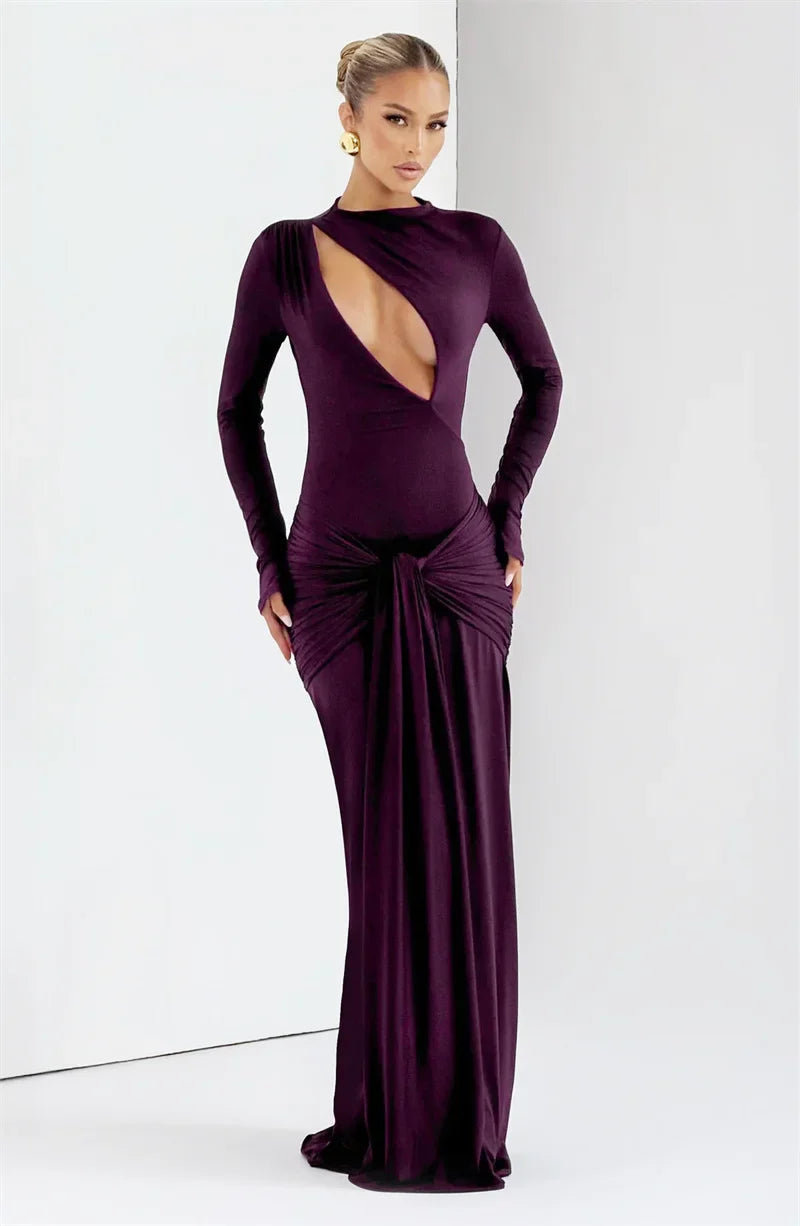 Draped Cut-Out Long Sleeve Evening Maxi Dress