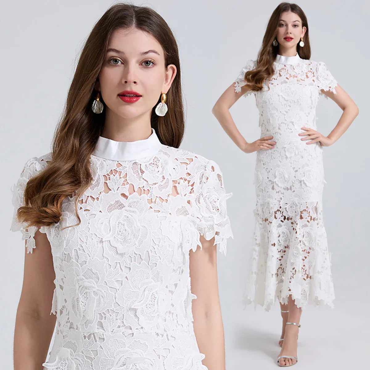 Embroidered Lace Mermaid Dress – Elegant Formal Fishtail Gown with Short Sleeves