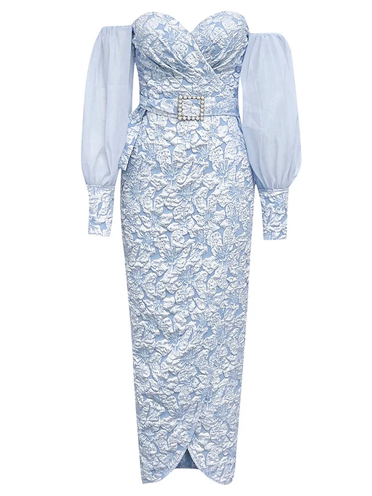 Light blue lace dress with sheer sleeves on a white background
