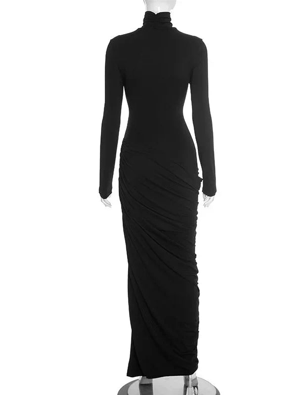 Turtleneck Long Sleeve Ruched Split Evening Maxi Dress