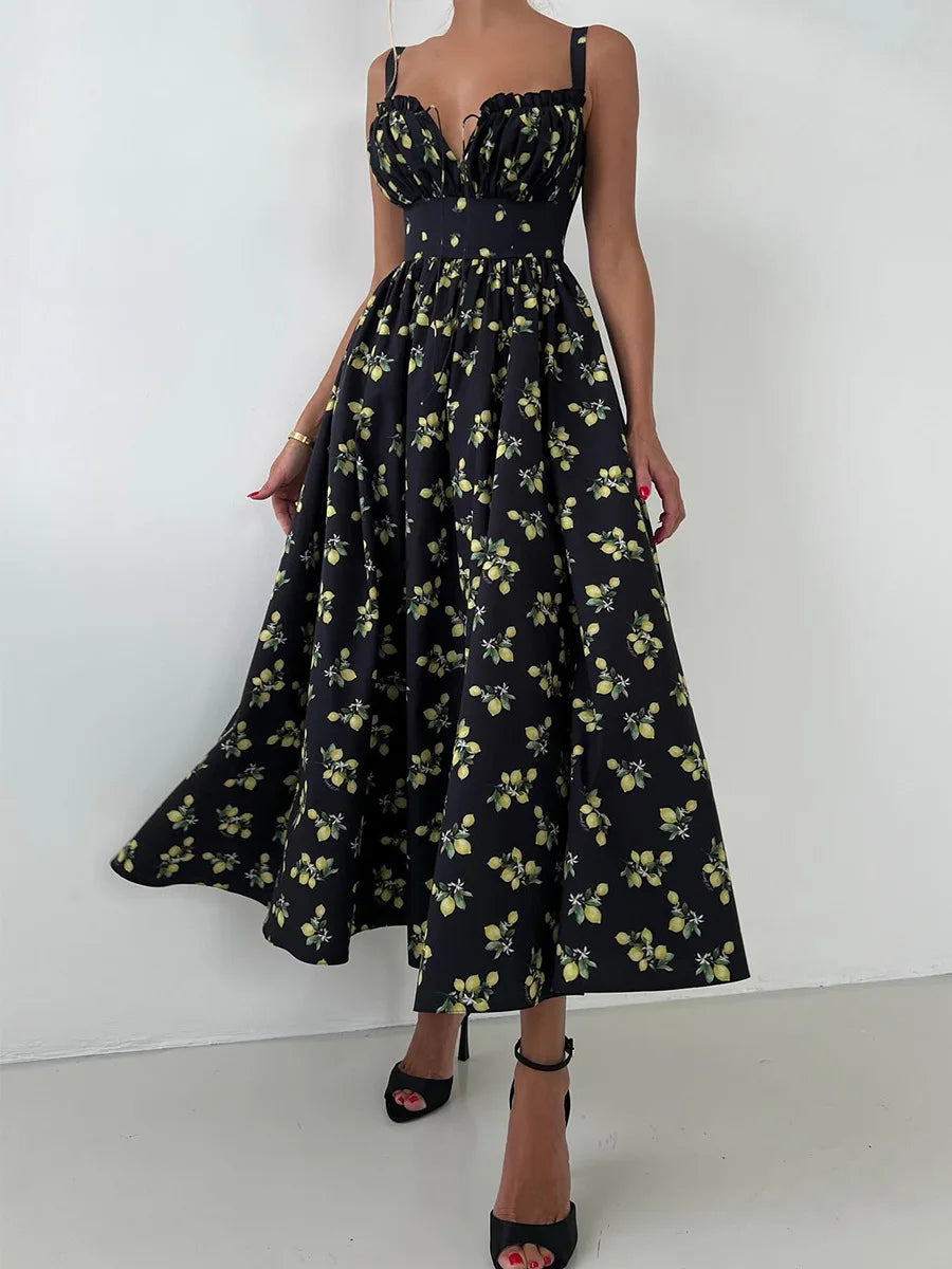 Black Floral V-Neck Maxi Dress with Slit