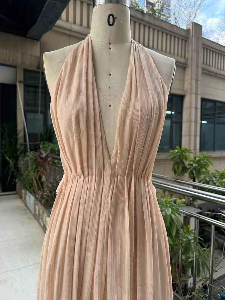Apricot & Claret Deep V-Neck Backless Pleated Long Dress