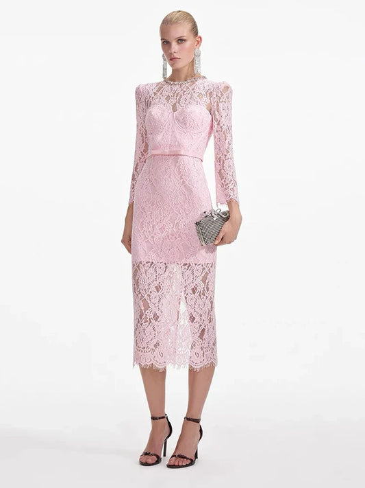 Pink Lace Long Sleeve Rhinestone Neck Bustier Midi Dress