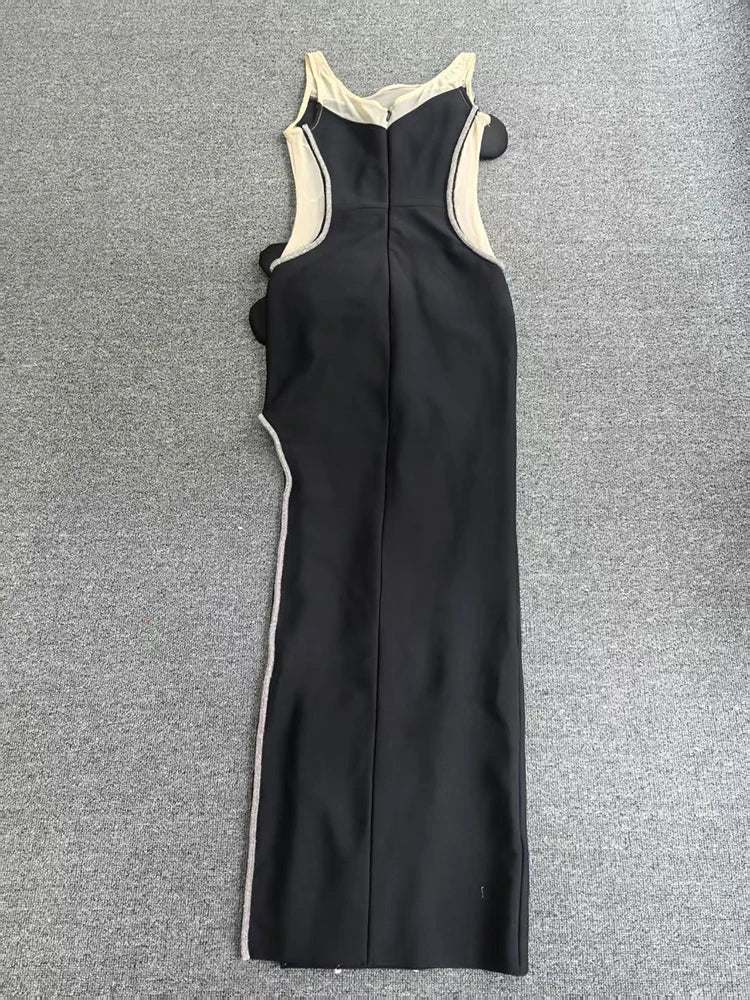 Pink Mesh Flower Diamond Split Bandage Dress | Sparkly Sleeveless Evening Gown