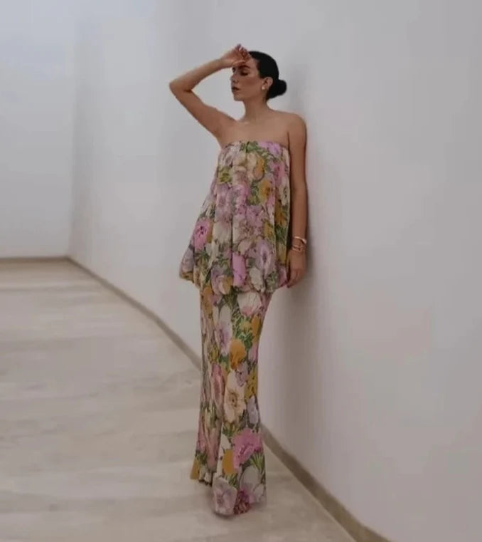 Strapless Floral Maxi Dress, Blouson Chiffon