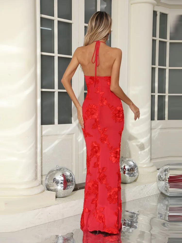 Red Halter Neck 3D Ribbon Flower Dress | Backless Floor Gown