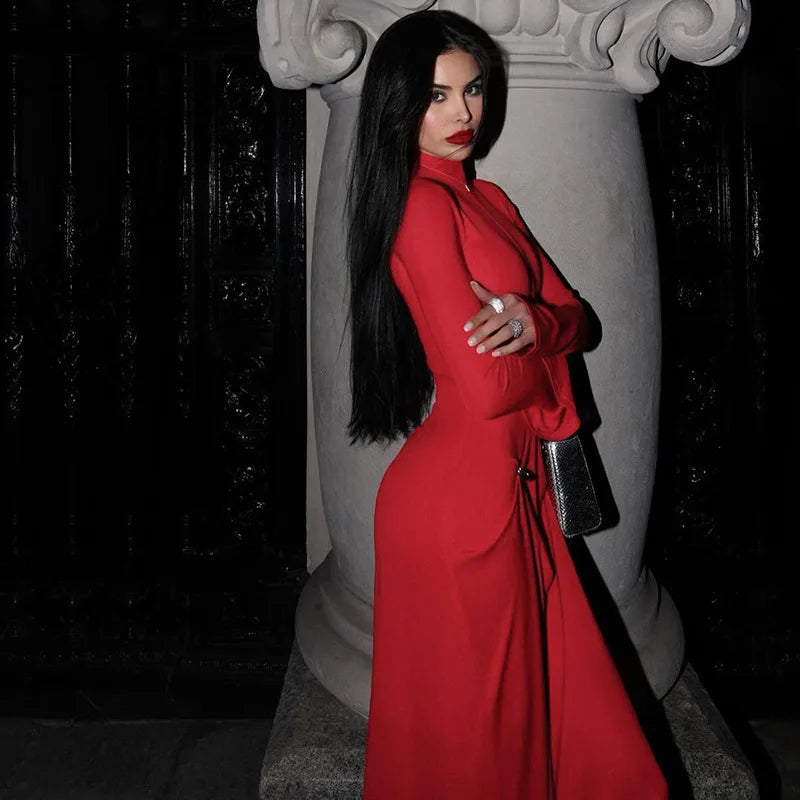 Elegant Red Long Sleeve Maxi Dress – Formal Party & Evening Gown