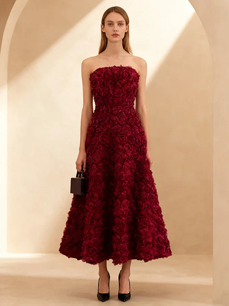 Burgundy Strapless 3D Floral A-Line Long Dress