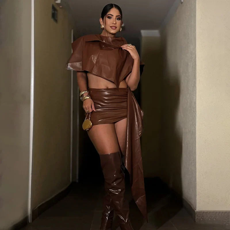 Brown Ruched 2-Piece Mini Dress Set | Modern Party Edit